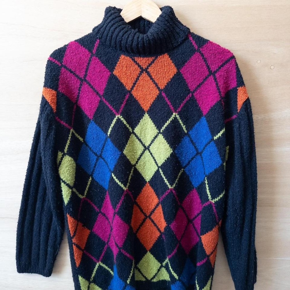 90s acrylic argyle tunic sweater - Picture 1 of 3